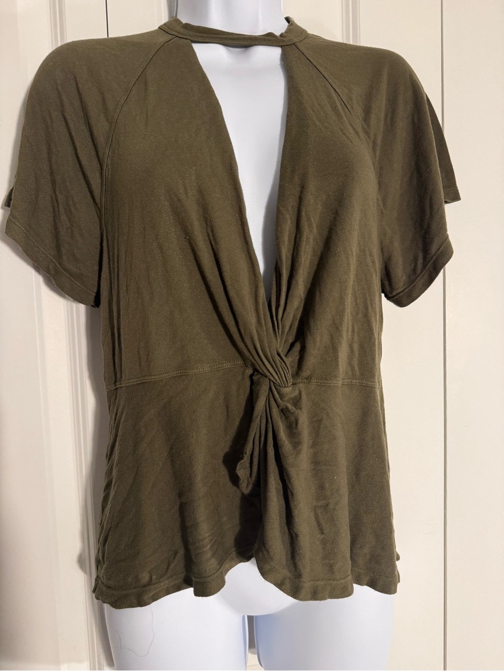 Free People Olive Green Twist-Front Short Sleeve Tee
